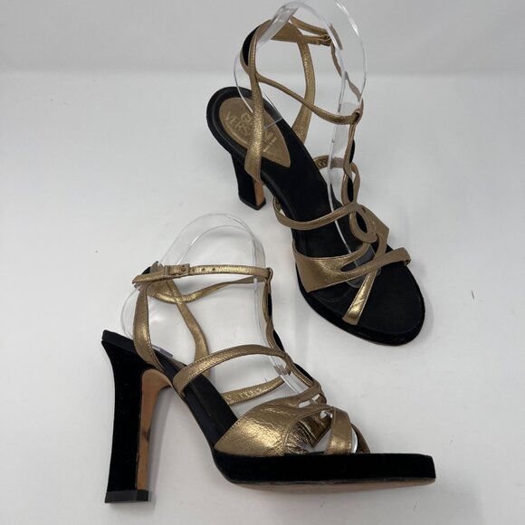 Gianni Versace Metallic Gold Black Velvet T-Strap Heels Size EU